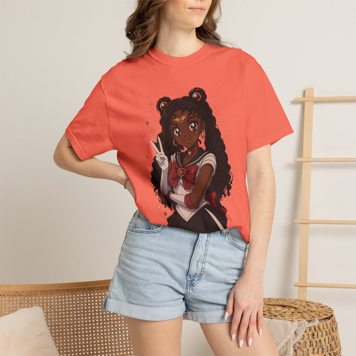 Melanin Magic Anime Tee, Black Anime Girl Shirt, Afro Magical Girl Tee, African Streetwear Graphic, Unisex Garment-Dyed T-Shirt