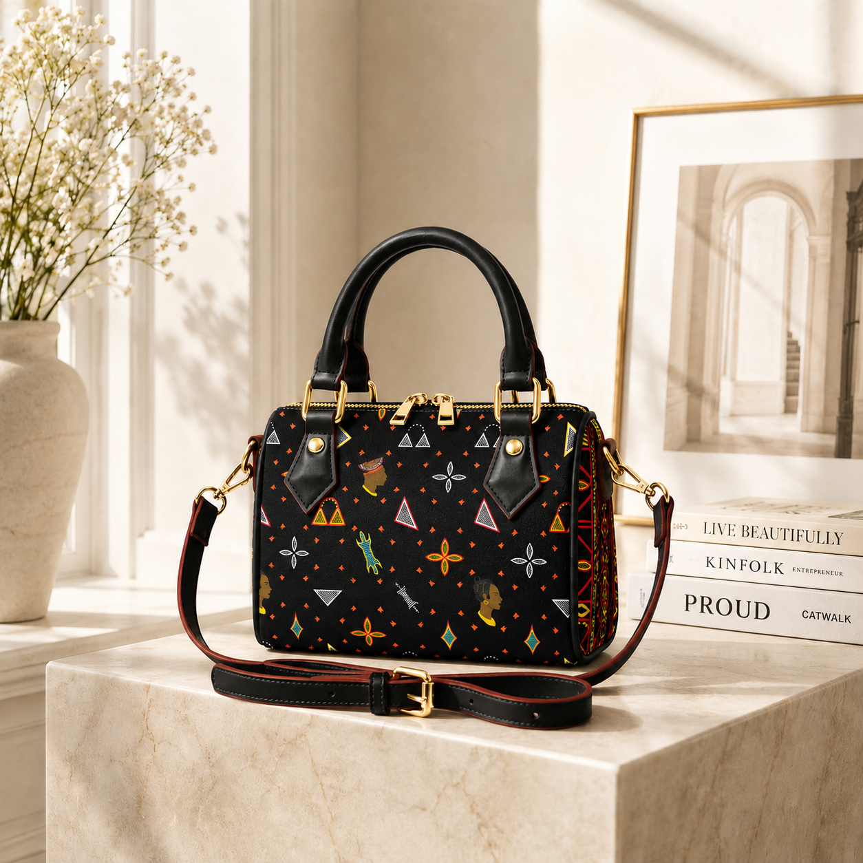 A black handbag with a colorful, patterned design sits on a marble pedestal, accompanied by a framed photograph and a vase of white flowers.