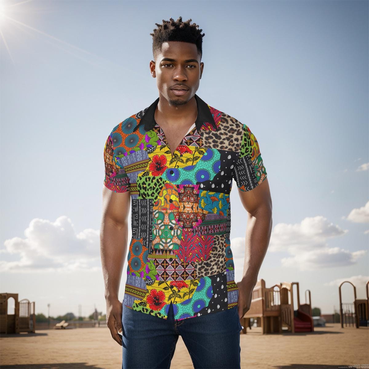 African Ankara Print Men's Button-Up Shirt: Nyanga Boy Design