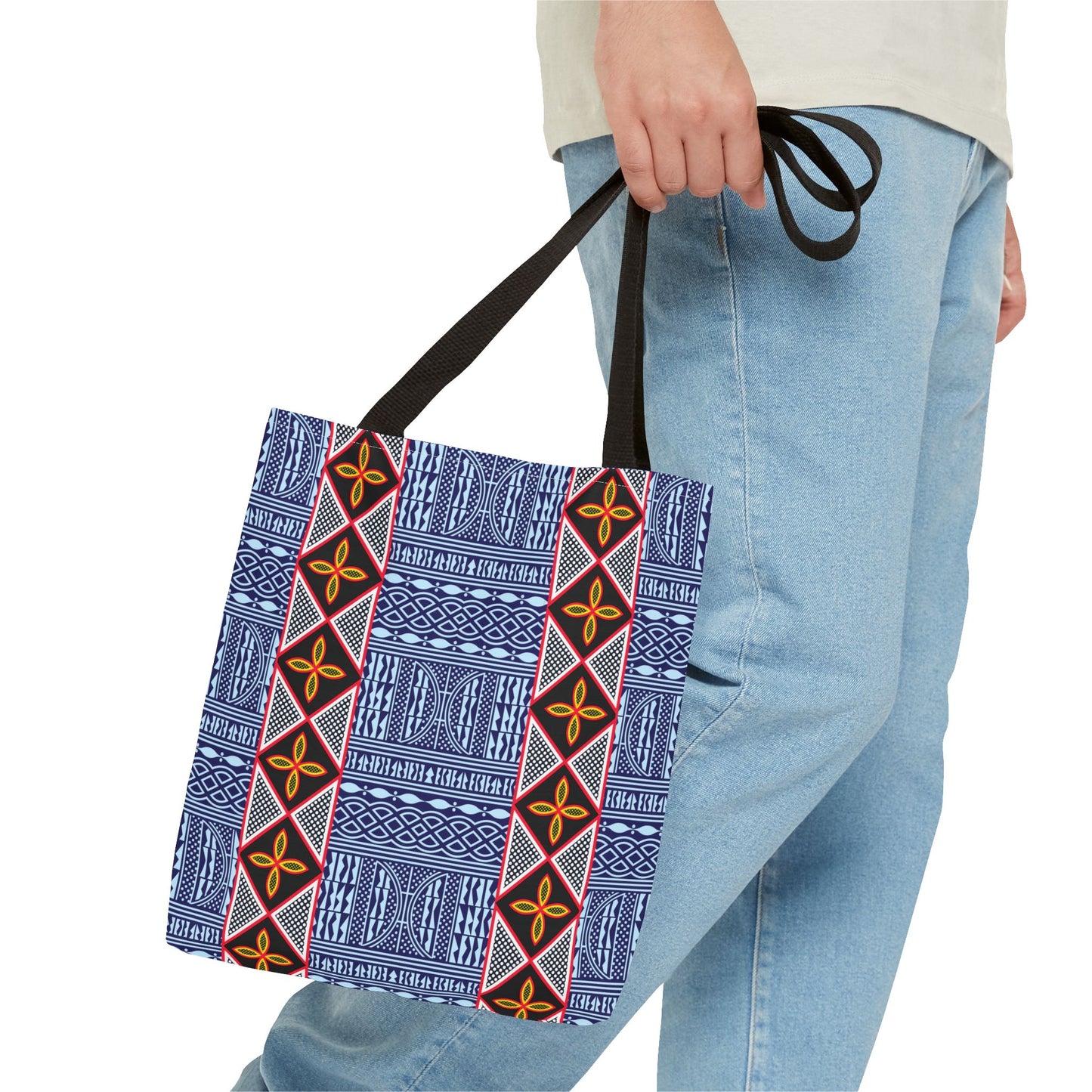 Blue Tribal Ndop Pattern Canvas Tote | Geometric Ethnic Print, Vertical Toghu Stripes