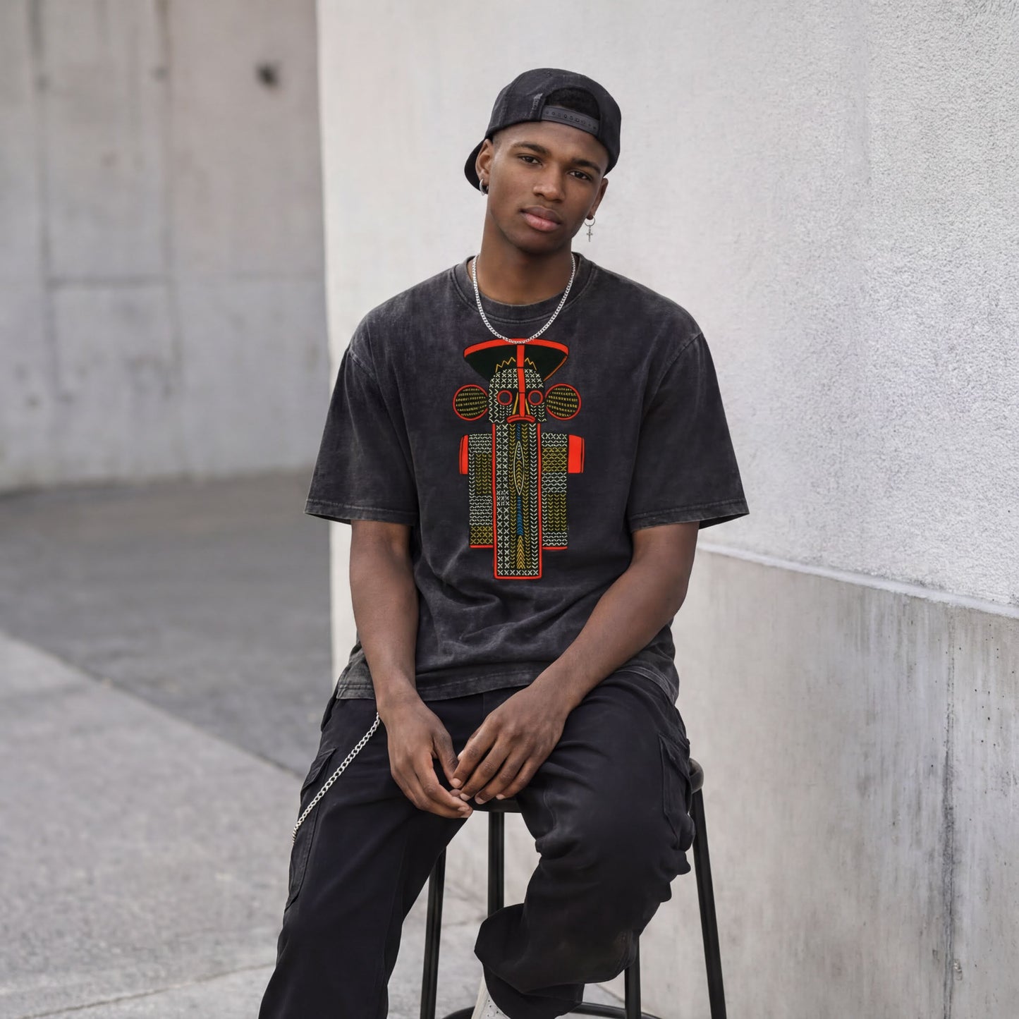 A young man wearing a black t-shirt with a graphic design and a black cap is sitting on a stool against a concrete wall.