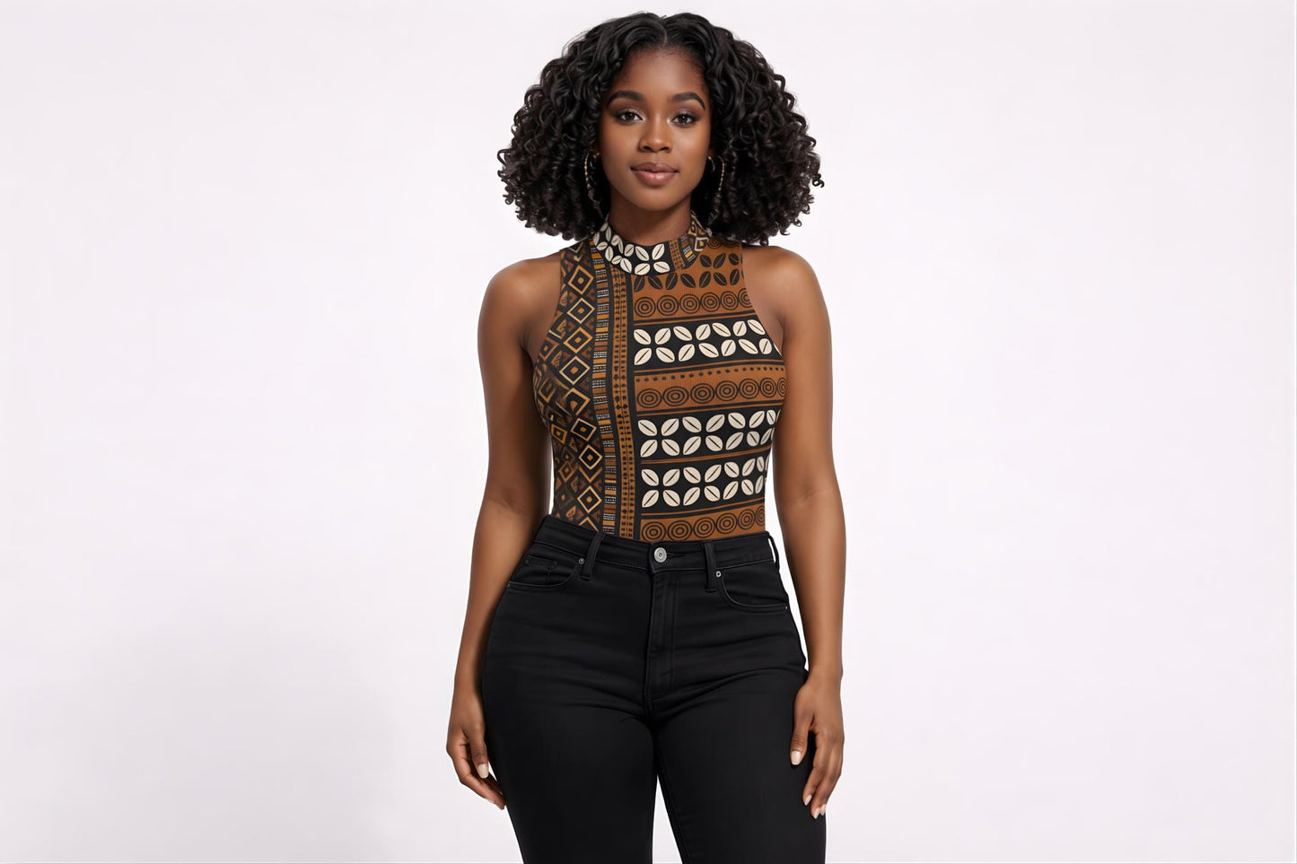 Mudcloth & Cowries Sleeveless Bodysuit, Stretchy Ribbed Lightweight Fabric