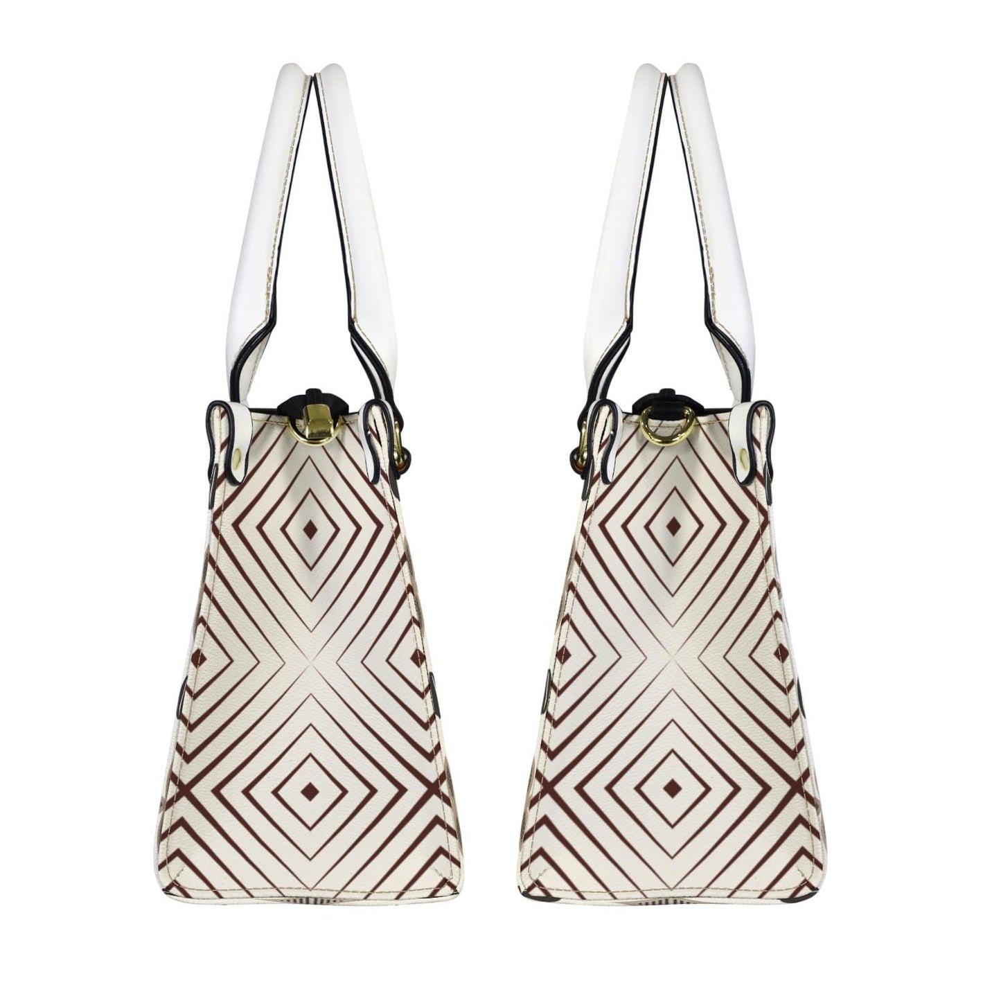 African Vegan Leather Tote Bag: Beige Toghu Print, White Handles, Ready to Ship