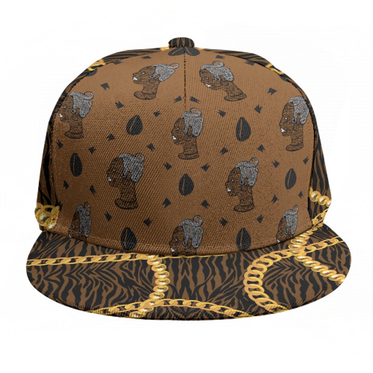 African Print Snapback Hat: Designer Brown, HOK Lady Logo with Zebra and Gold Chains Baseball Cap