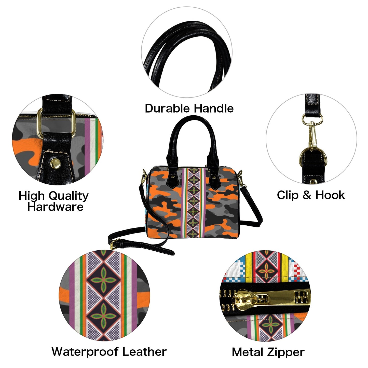 Camo & Plaid, Toghu Stripe Vegan Leather Boston Bag, Two-Sided Satchel Handbag