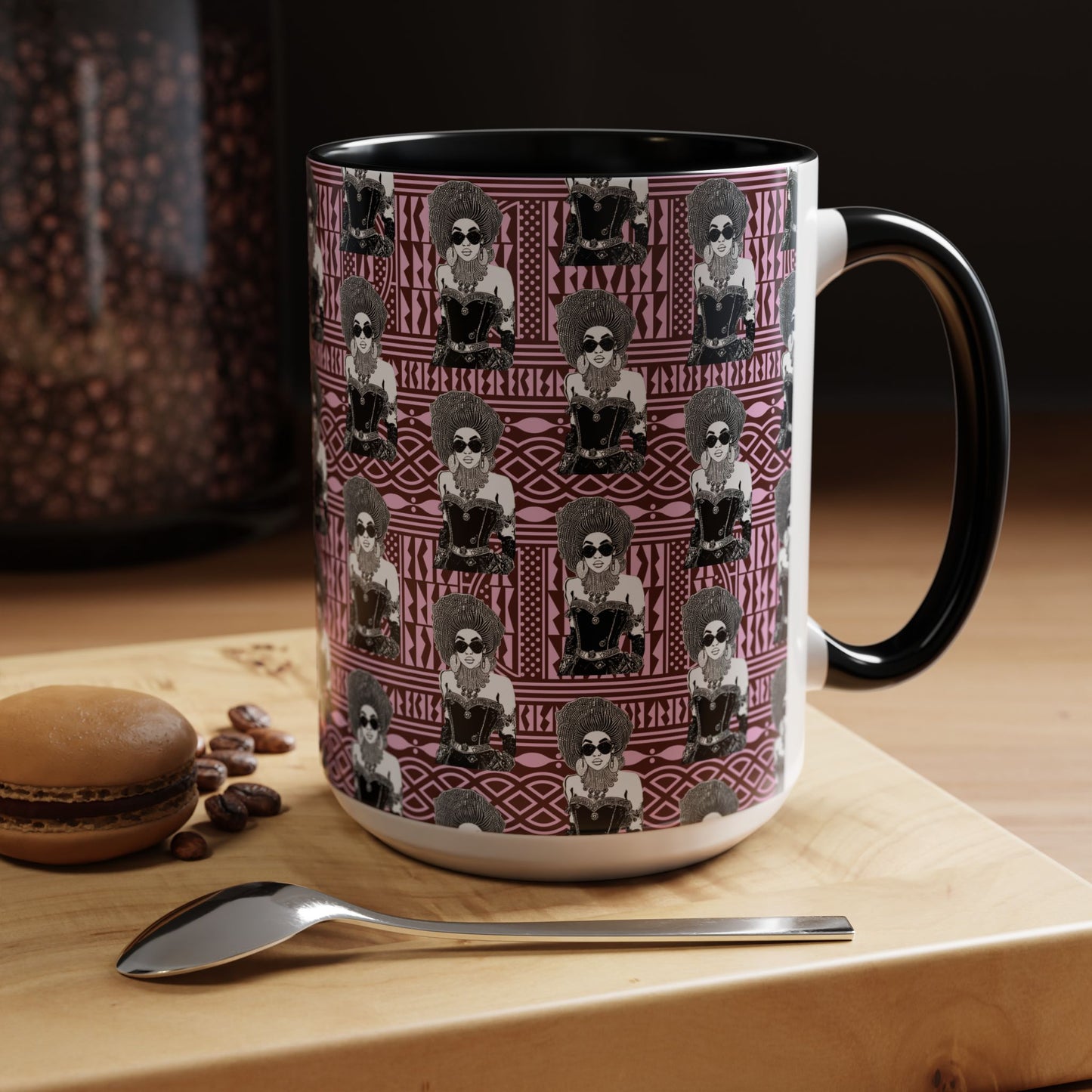 Madame Headtie(BW) Two-Tone Ceramic Coffee Mugs on Pink Ndop (4 Colors), 15oz
