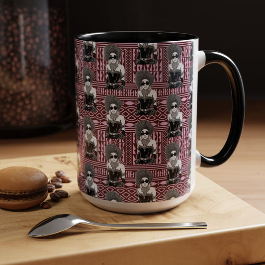 Madame Headtie(BW) Two-Tone Ceramic Coffee Mugs on Pink Ndop (4 Colors), 15oz