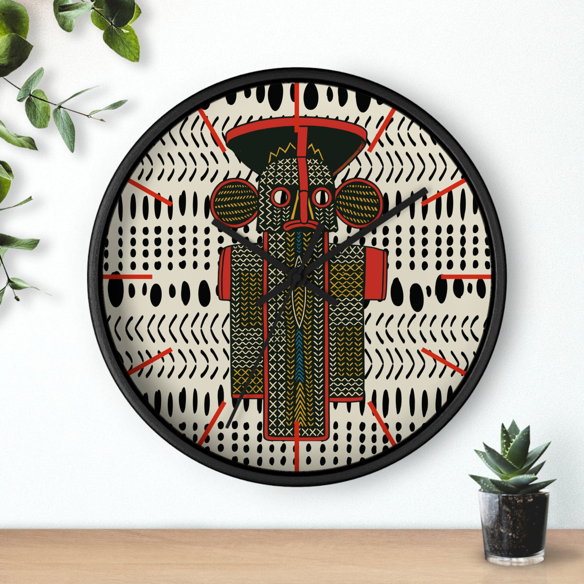 Cameroon Elephant Mask on Mudcloth Wood Wall Clock Perfect