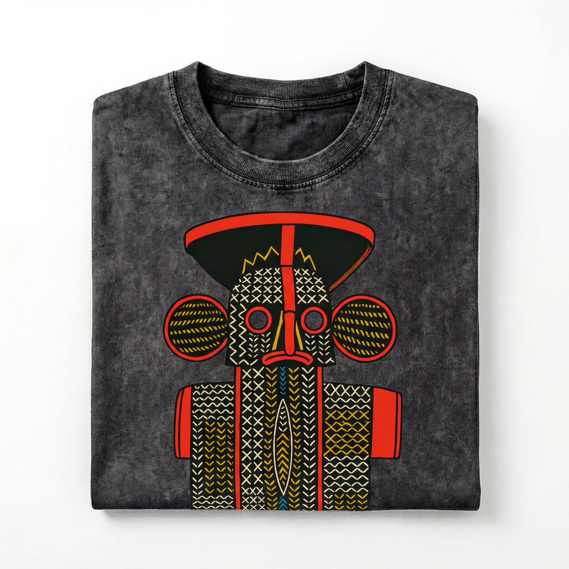 a black t-shirt with a colorful, abstract design depicting a stylized face or mask.