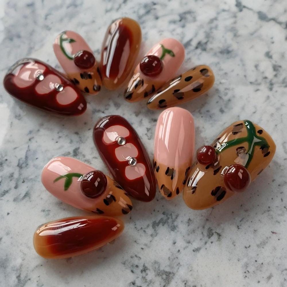 Handmade Red Cherry Leopard Stiletto Press On Nails, Trendy Nail Art