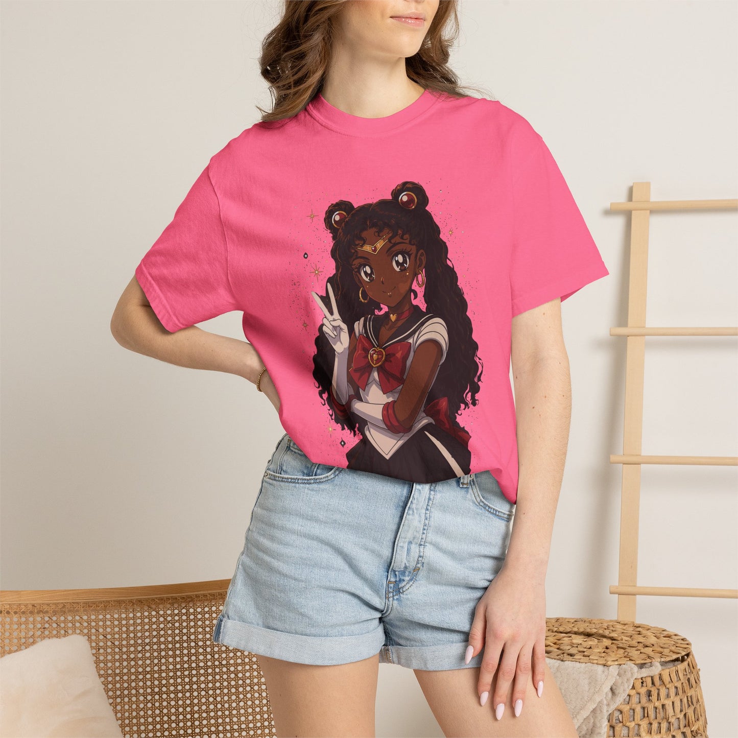 Melanin Magic Anime Tee, Black Anime Girl Shirt, Afro Magical Girl Tee, African Streetwear Graphic, Unisex Garment-Dyed T-Shirt