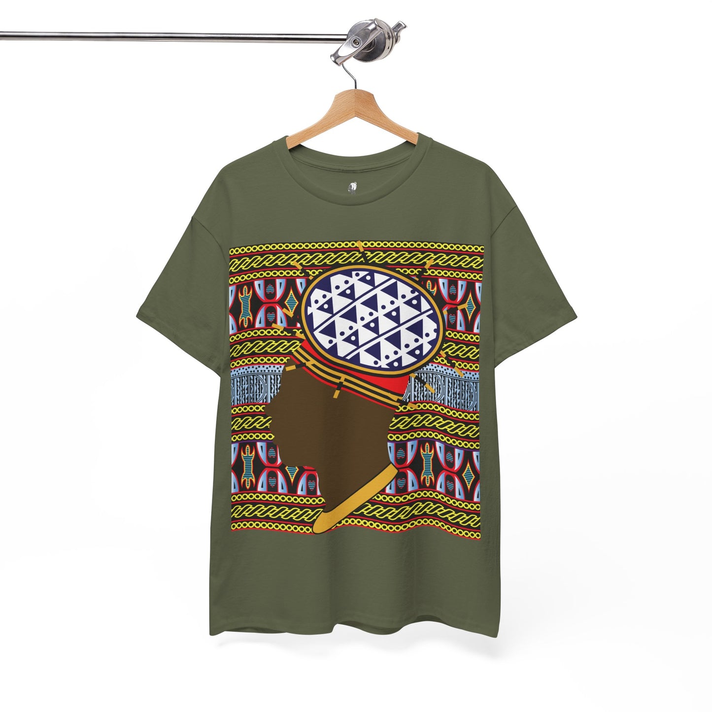 Man in Spiky Bamenda Bamileke Hat Chocolate on Black Mudcloth Unisex Heavy Cotton Tee