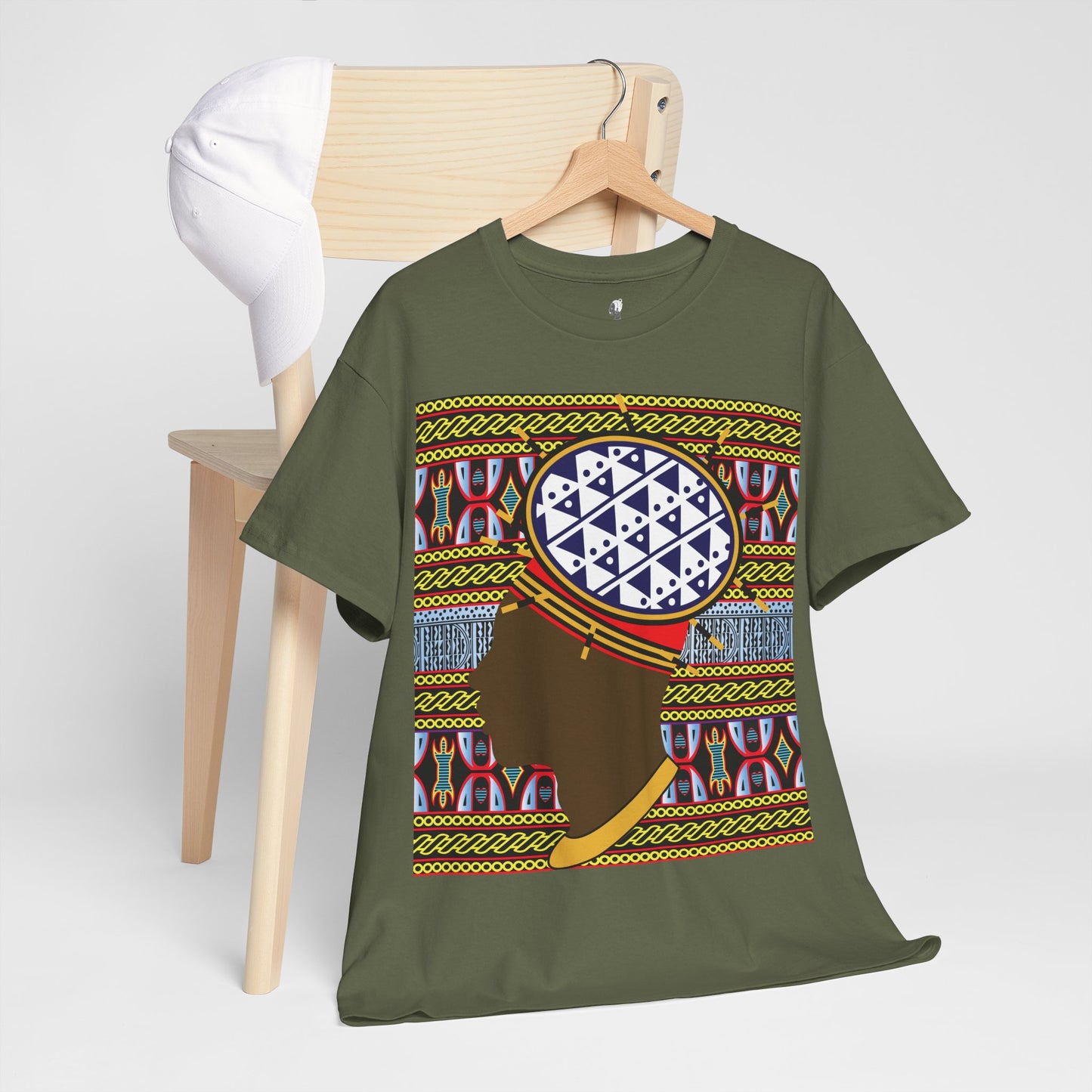 Man in Spiky Bamenda Bamileke Hat Chocolate on Black Mudcloth Unisex Heavy Cotton Tee