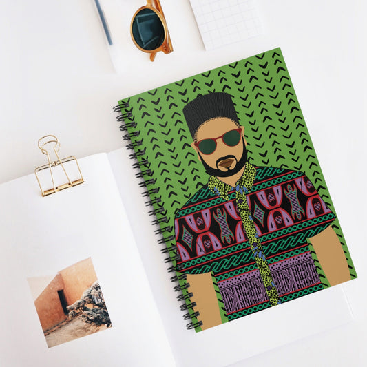 Phillipe in Purple Toghu on Green Mudcloth Spiral Notebook