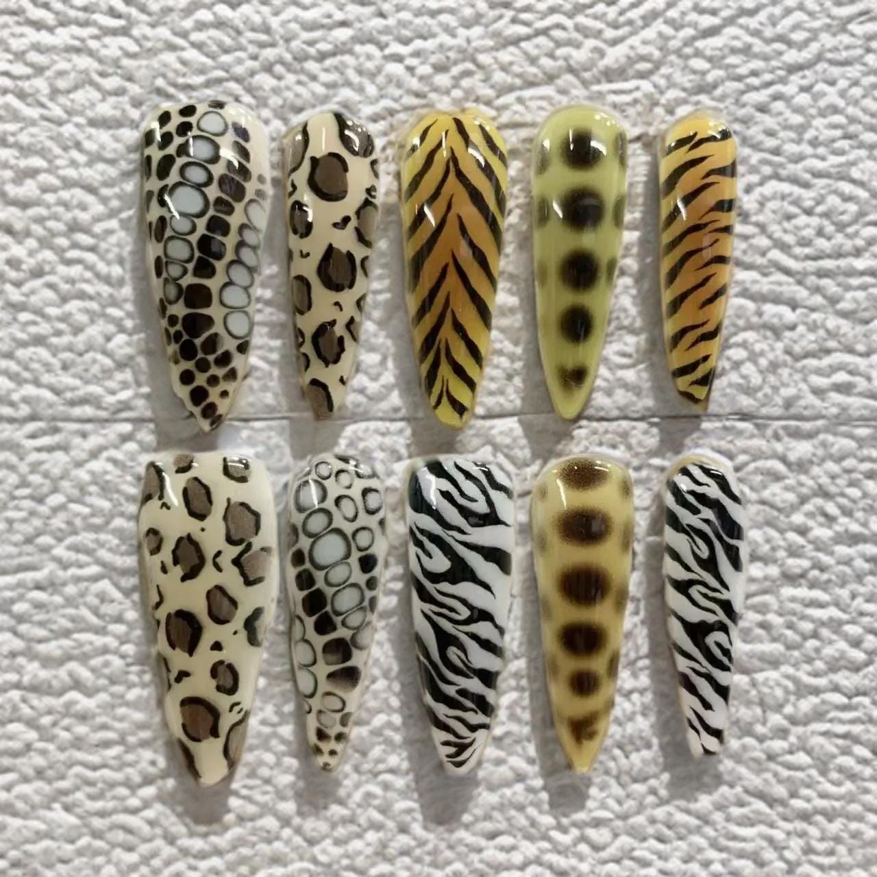 Leopard Zebra Long Stiletto Press On Nails,  Animal Print, 10pcs