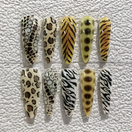 Leopard Zebra Long Stiletto Press On Nails,  Animal Print, 10pcs