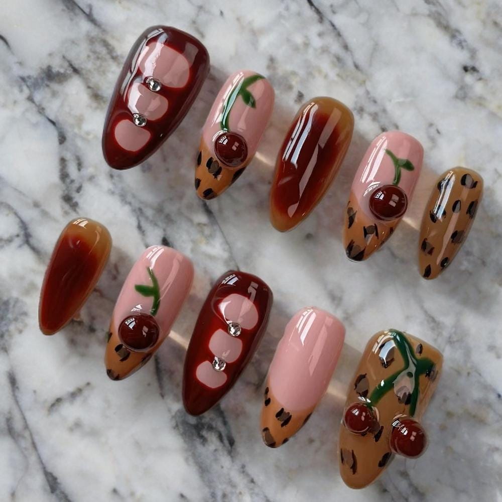 Handmade Red Cherry Leopard Stiletto Press On Nails, Trendy Nail Art