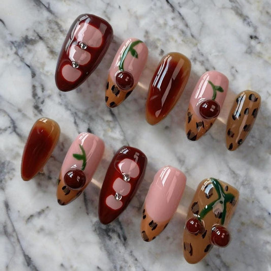 Handmade Red Cherry Leopard Stiletto Press On Nails, Trendy Nail Art