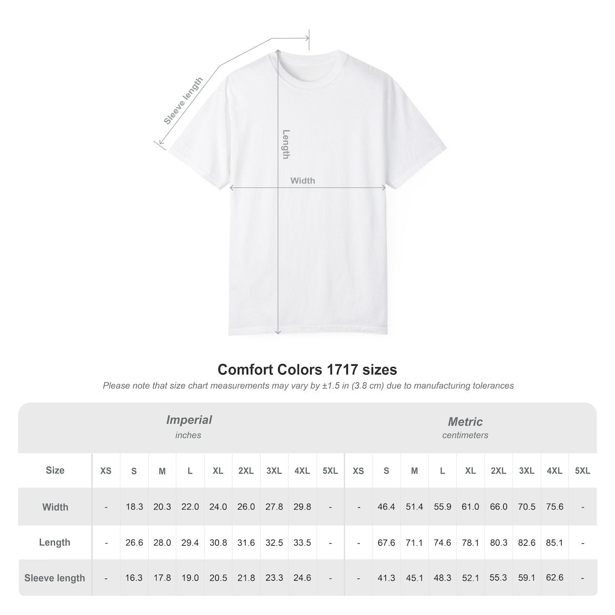 a white t-shirt with measurements and sizes listed below it.