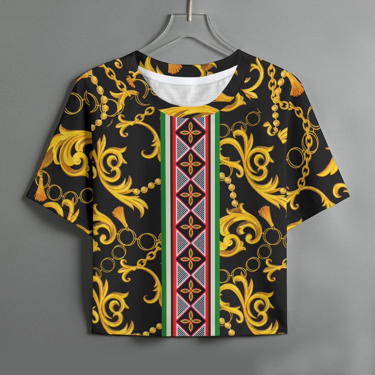 Gold Leaf Toghu Stripe Crop Top: Women's High Stretch Raglan Shirt
