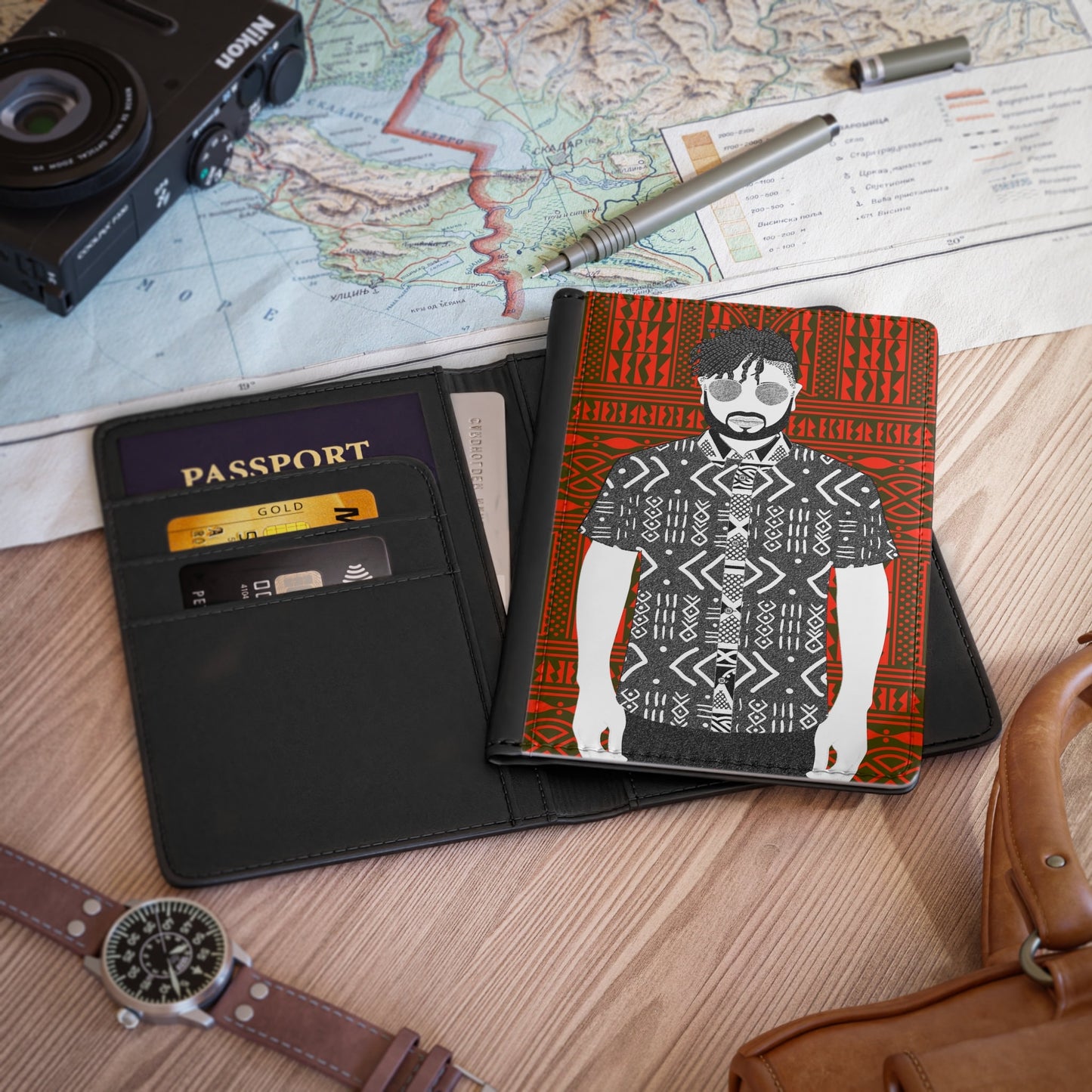 Pascale in Mudcloth(BW) on  Red Ndop - Passport Cover