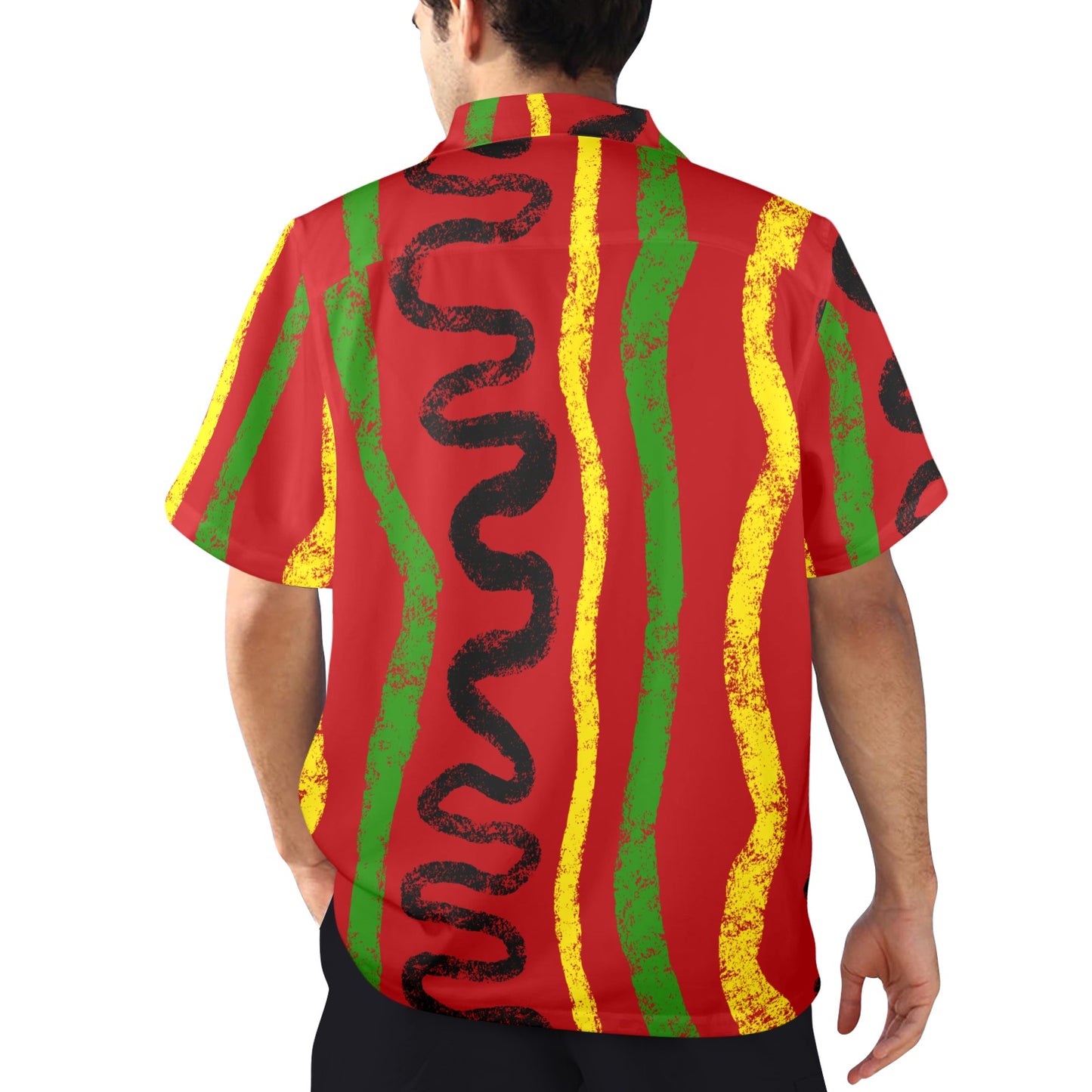 Red Rhythms Men's  Hawaiian shirt,  Afrocentric Abstract Swirl Four Way Stretch All Over Print Hawaiian Shirt
