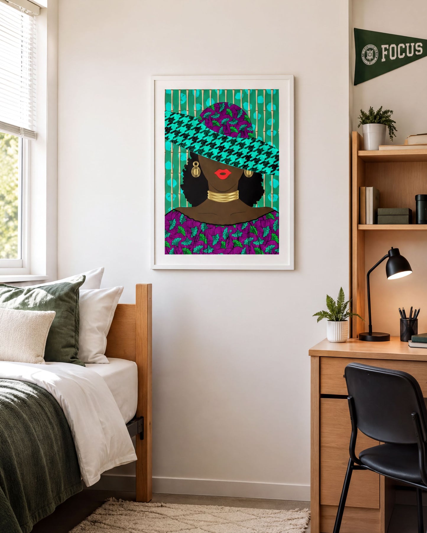 a bedroom with a bed, a desk, a chair, and a framed artwork hanging on the wall.