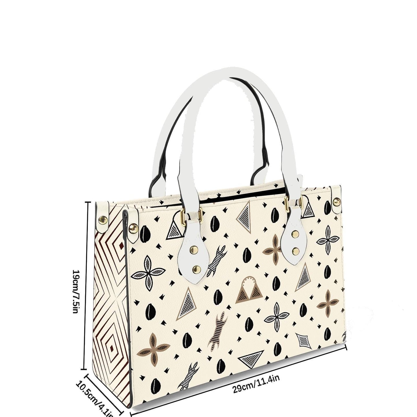African Vegan Leather Tote Bag: Beige Toghu Print, White Handles, Ready to Ship