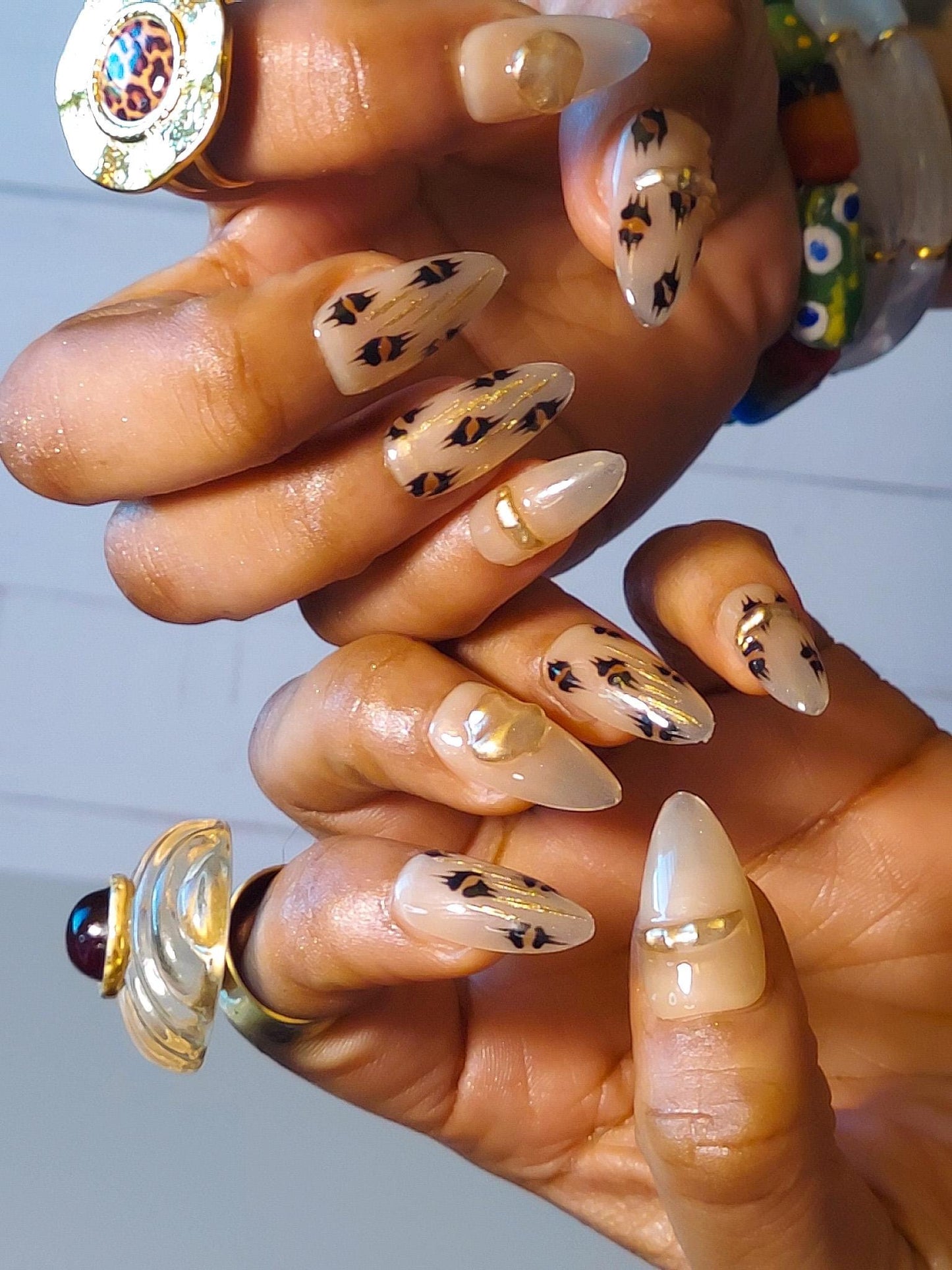 Leopard Nude Press On Nails with Gold Gems, Regular Stiletto Glue On Nails, Ready to Ship - Perfect Gift for Trendy Nail Lovers