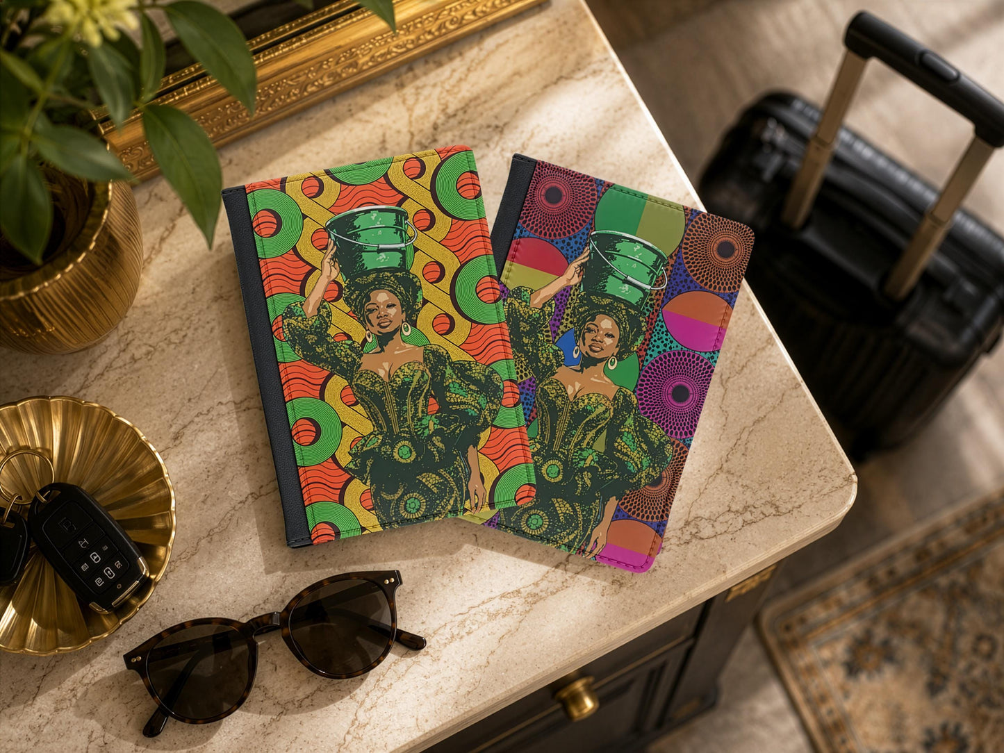 Lady and Bucket Passport Cover on 2 Ankara Prints, Travel Wallet, Pu Leather Passport Holder, Passport Protector, Travel Accessory