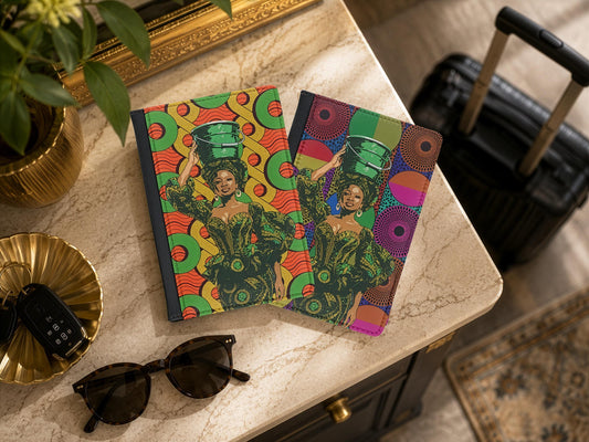 Lady and Bucket Passport Cover on 2 Ankara Prints, Travel Wallet, Pu Leather Passport Holder, Passport Protector, Travel Accessory