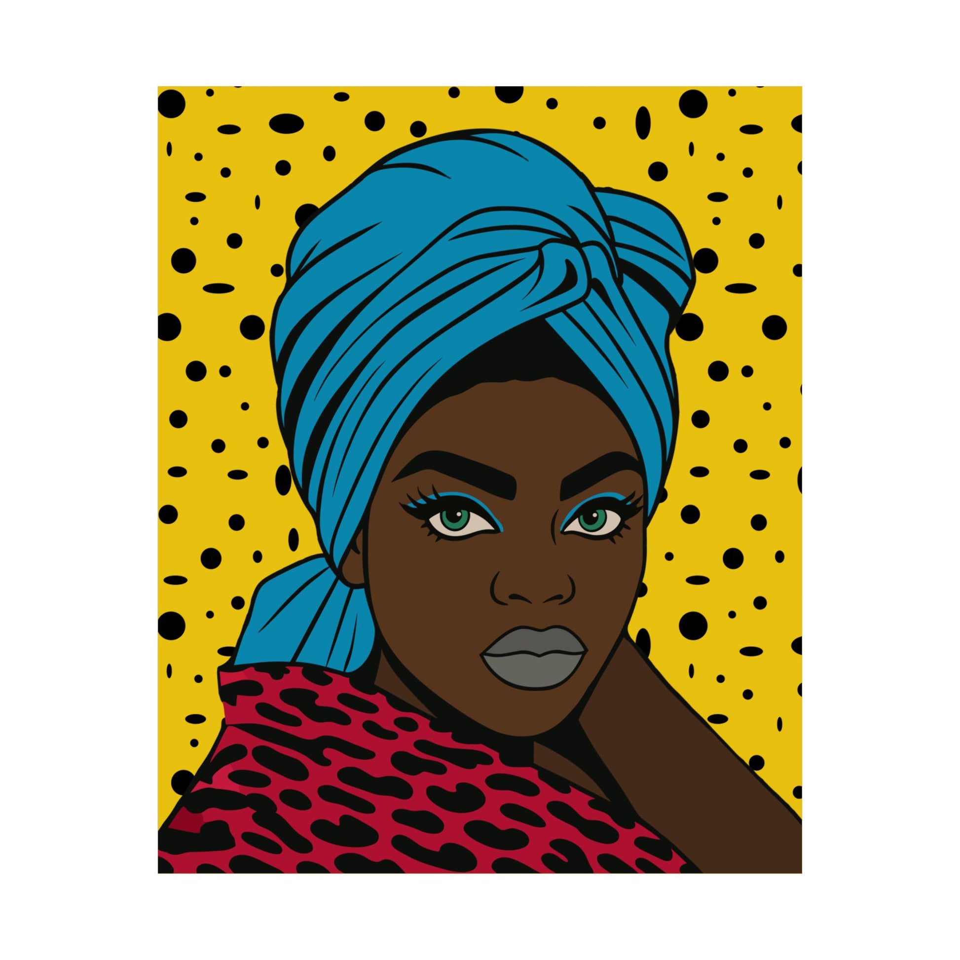 A stylized illustration of a woman with a turban and bold makeup against a yellow background with black polka dots.