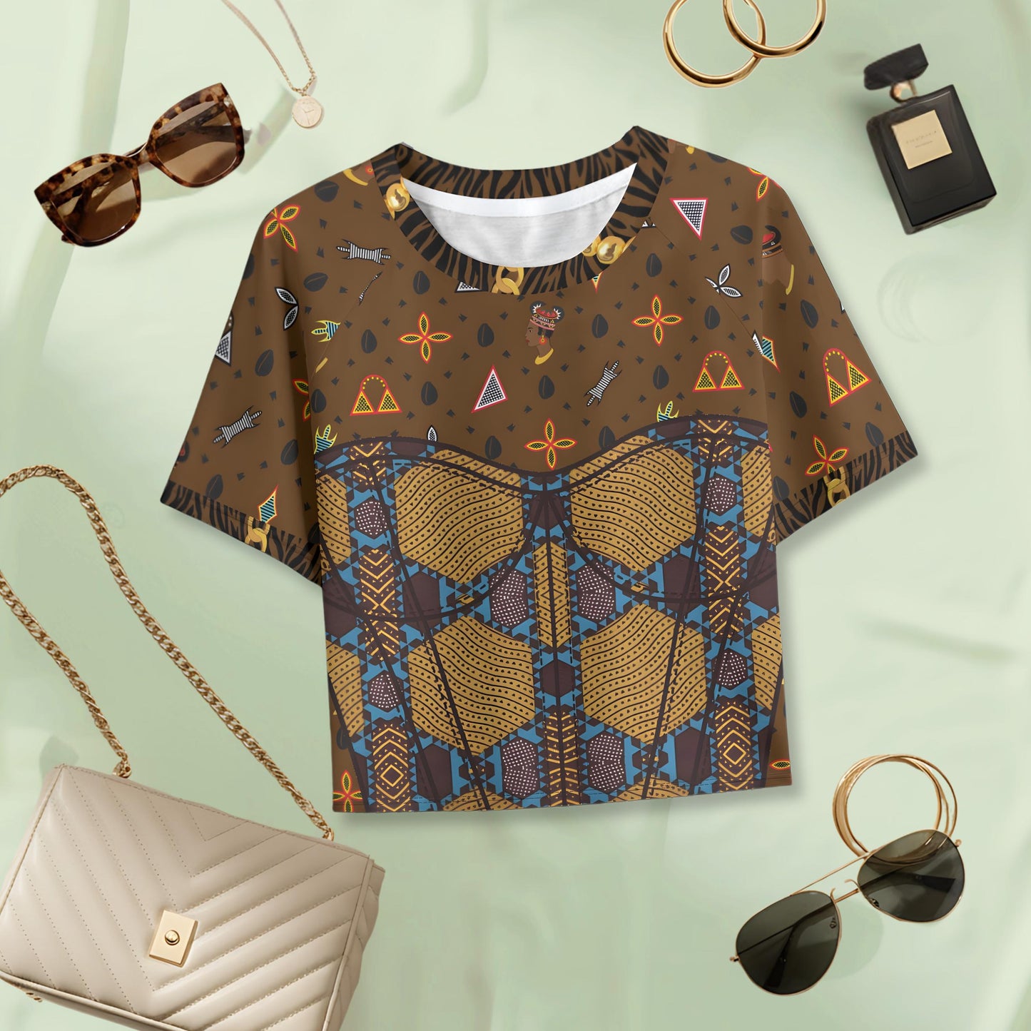 Brown Toghu Ankara Crop Top: High Stretch Women's Raglan Shirt