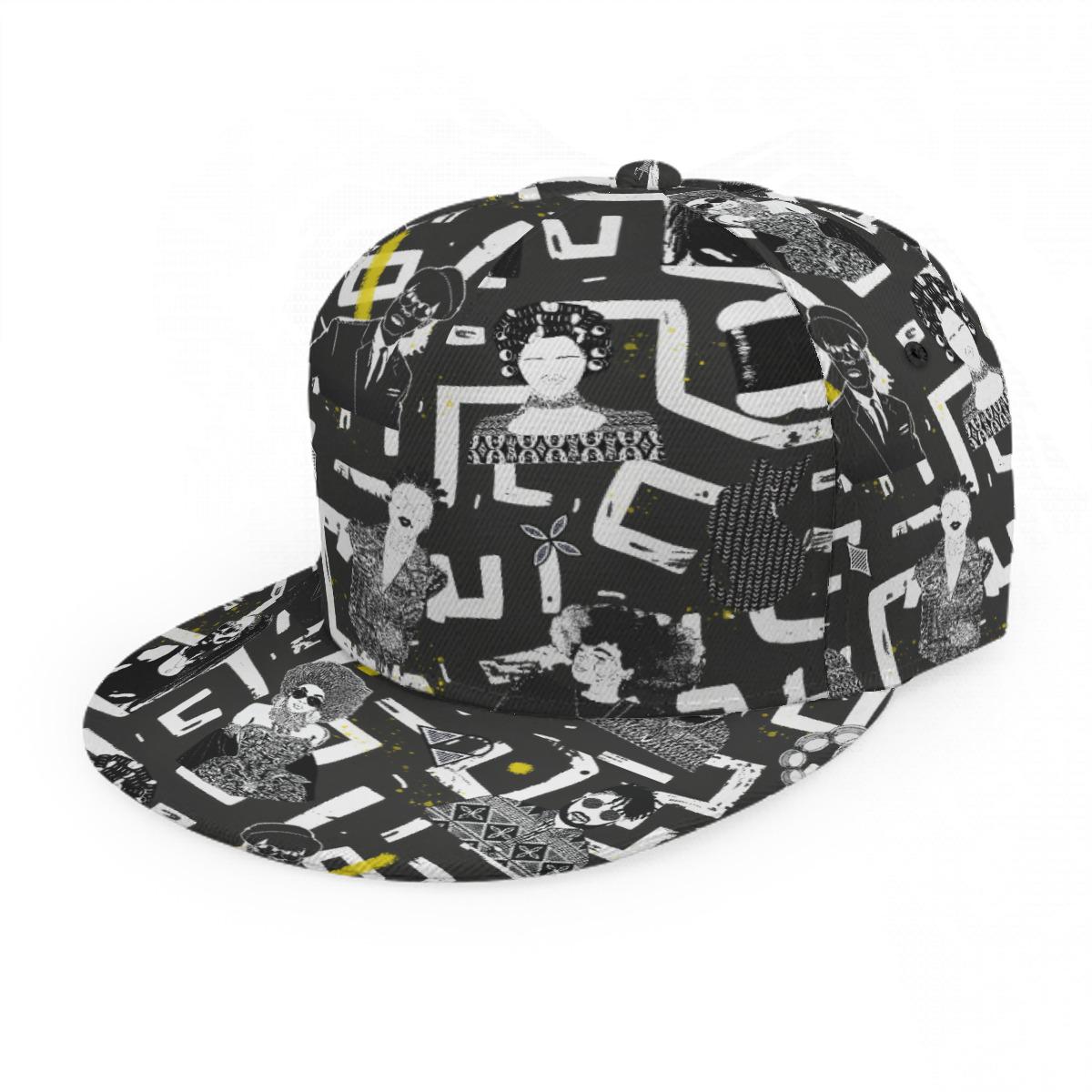African Print Baseball Cap, Black and White with people Adjustable Snapback, Streetwear Style, Ready to Ship
