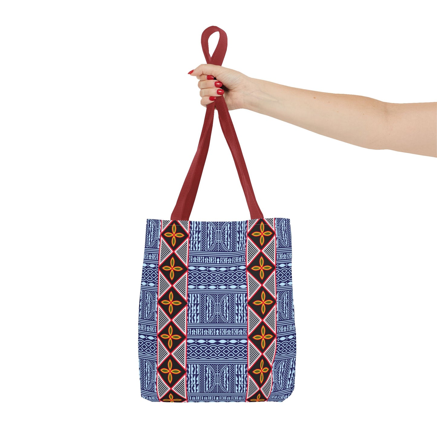 Blue Tribal Ndop Pattern Canvas Tote | Geometric Ethnic Print, Vertical Toghu Stripes
