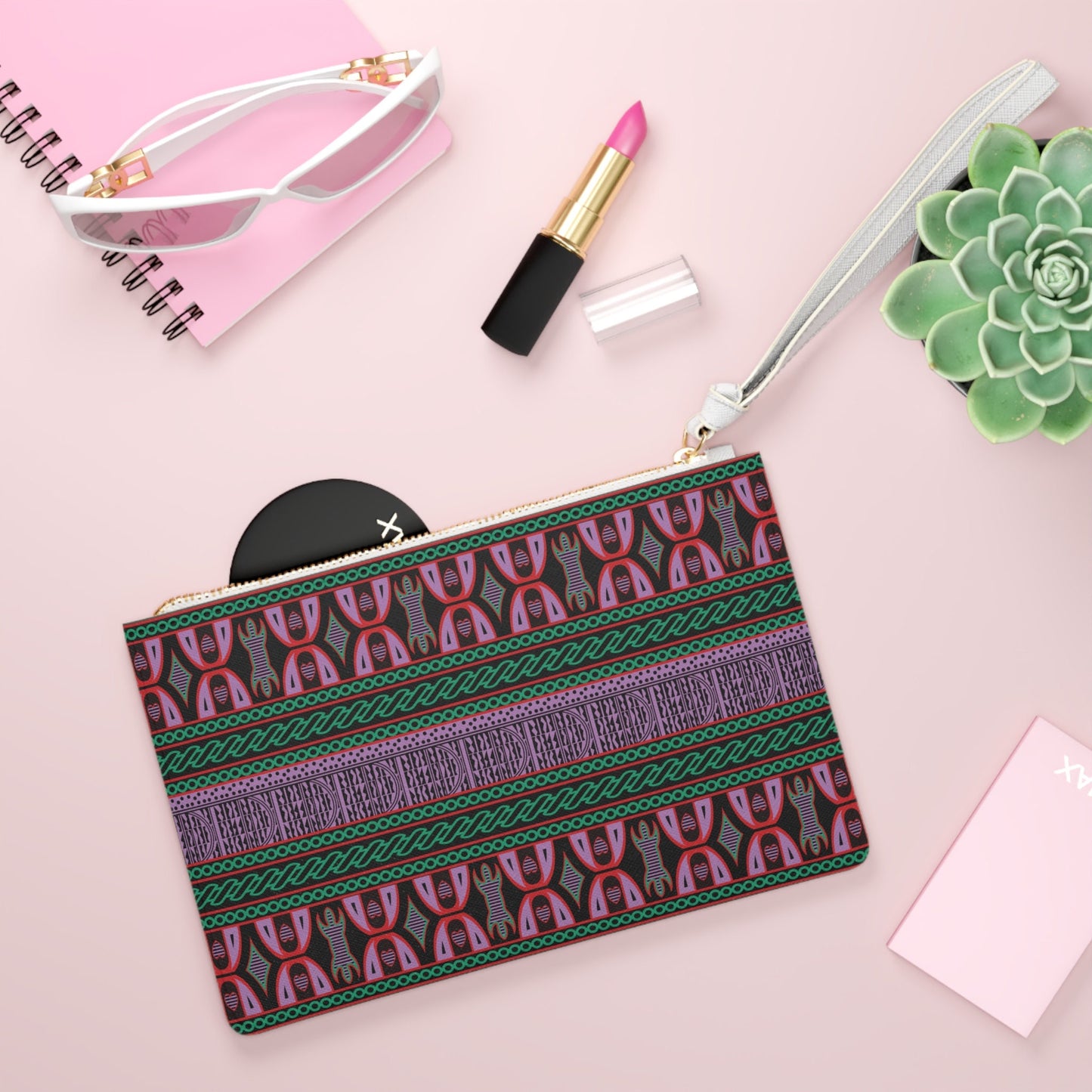 Vegan Leather Wristlet Clutch: Purple Toghu African Print Cowrie Bag