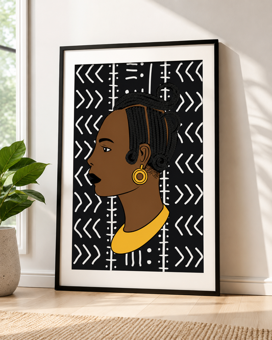 a framed artwork depicting a woman's profile with a yellow necklace and earrings against a black and white geometric background.