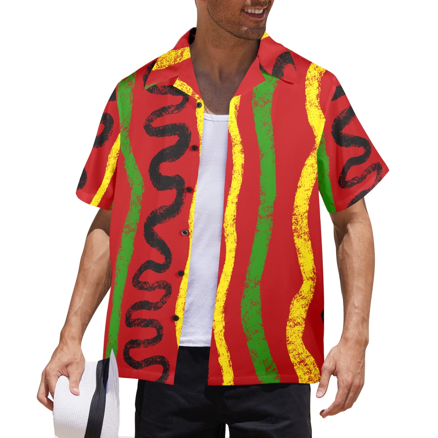 Red Rhythms Men's  Hawaiian shirt,  Afrocentric Abstract Swirl Four Way Stretch All Over Print Hawaiian Shirt