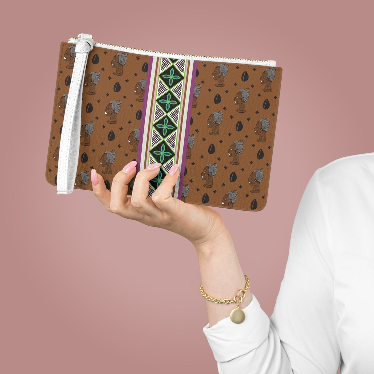 Haus of Kongossa (HOK) Brown Cowrie with Strip Wristlet Clutch Bag