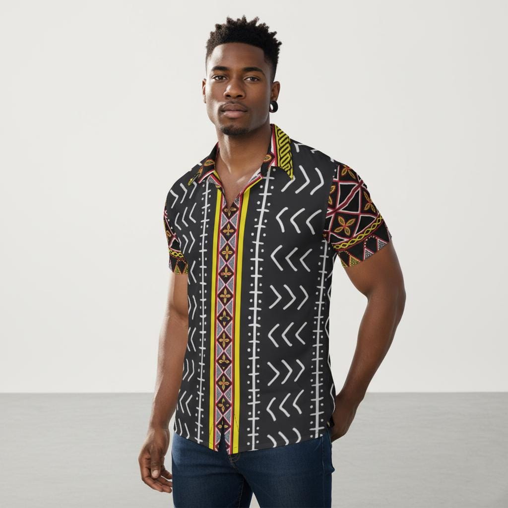Mudcloth Toghu Print Mens Button-Up Shirt: African Pattern Stretch Fabric, Ready to Ship