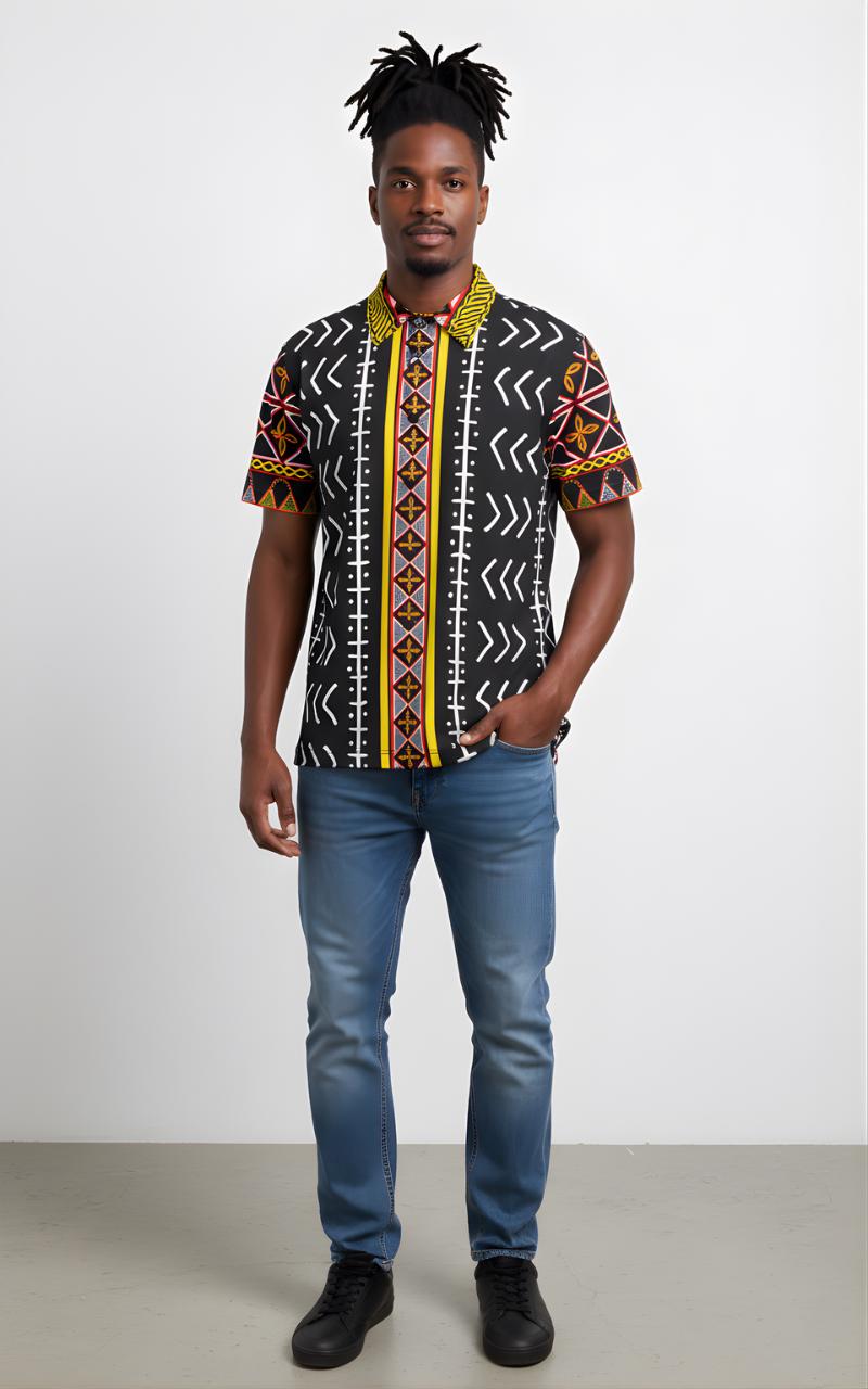 Mudcloth Toghu Print Mens Button-Up Shirt: African Pattern Stretch Fabric, Ready to Ship