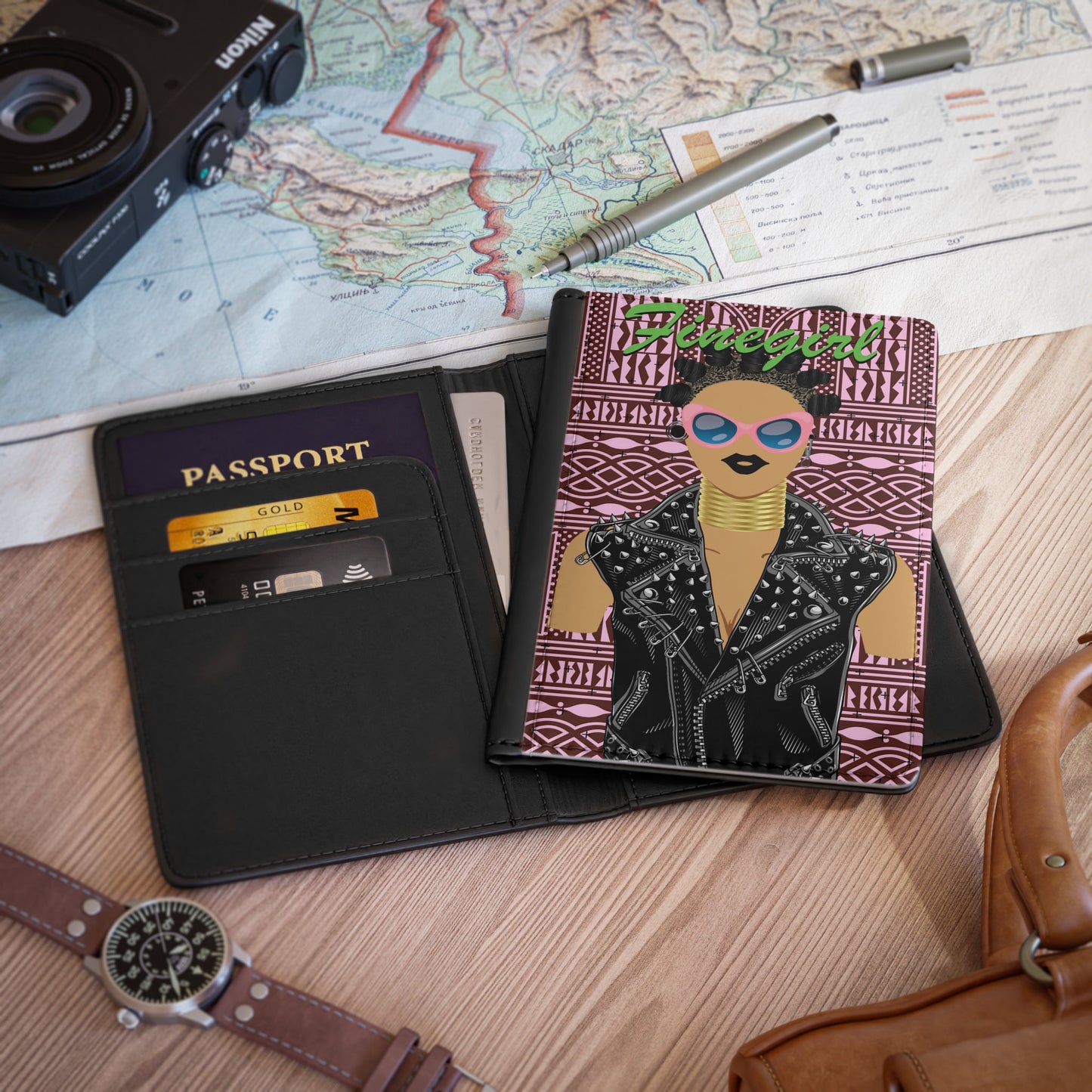 Pink Ndop Passport Cover: Bigidi Hair, Motorcycle Jacket