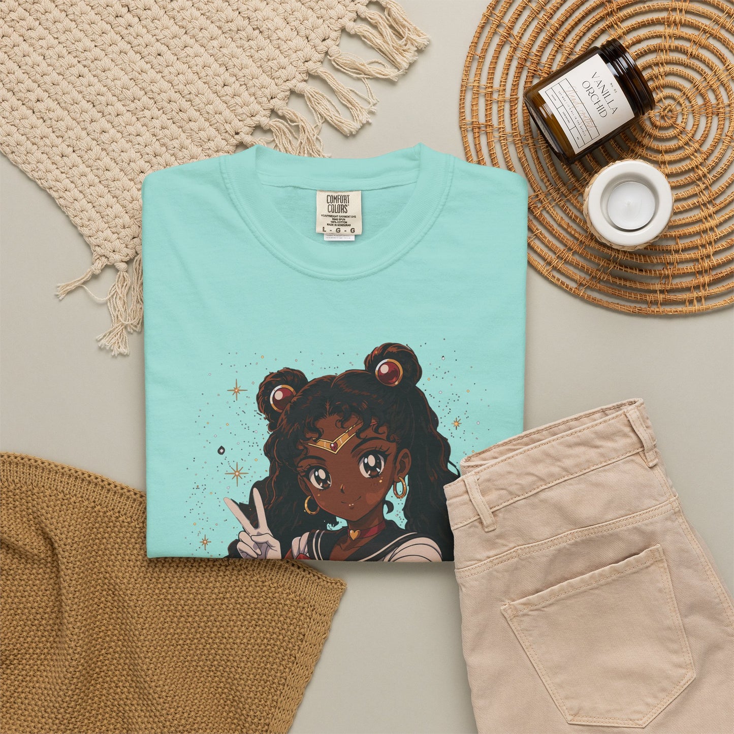 Melanin Magic Anime Tee, Black Anime Girl Shirt, Afro Magical Girl Tee, African Streetwear Graphic, Unisex Garment-Dyed T-Shirt