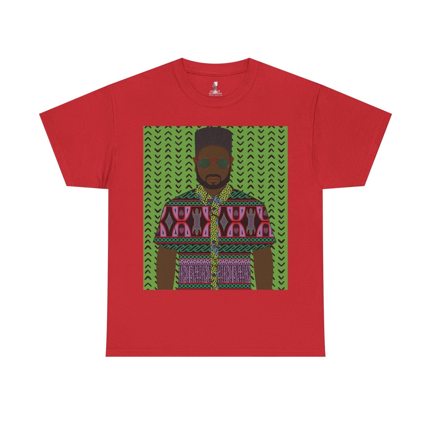 Phillipe(Chocolate) in Purple Toghu on Green Mudcloth Unisex Heavy Cotton Tee