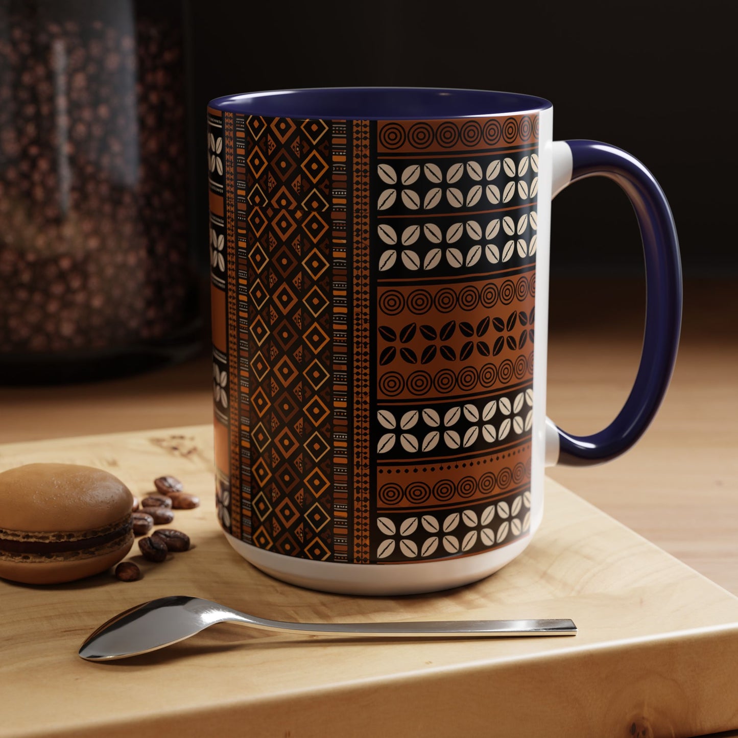 Mudcloth and Cowries Ceramic Coffee Mug (11, 15oz) in 4 Colors, 2 Sizes, Unique African Print Design