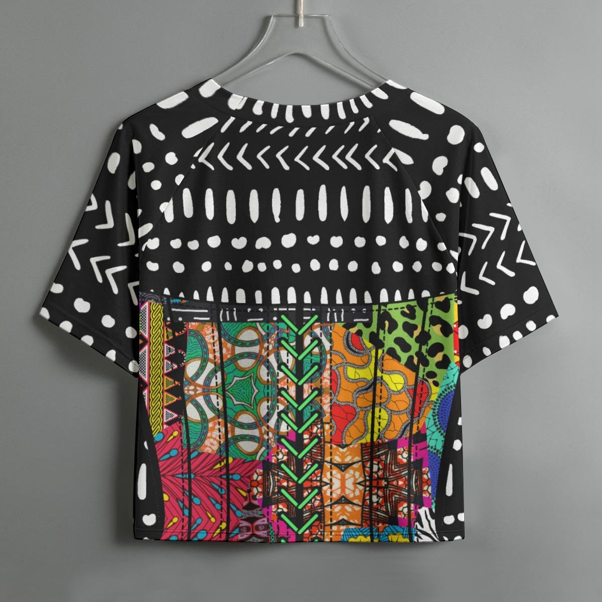 Ankara Mudcloth Quilt Crop Top: Women's Raglan Sleeve Shirt, Ready to Ship