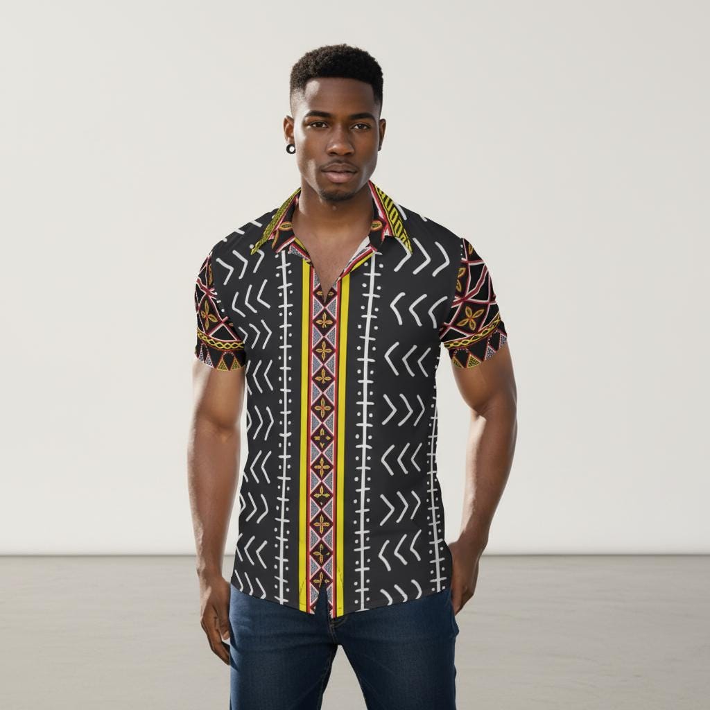 Mudcloth Toghu Print Mens Button-Up Shirt: African Pattern Stretch Fabric, Ready to Ship