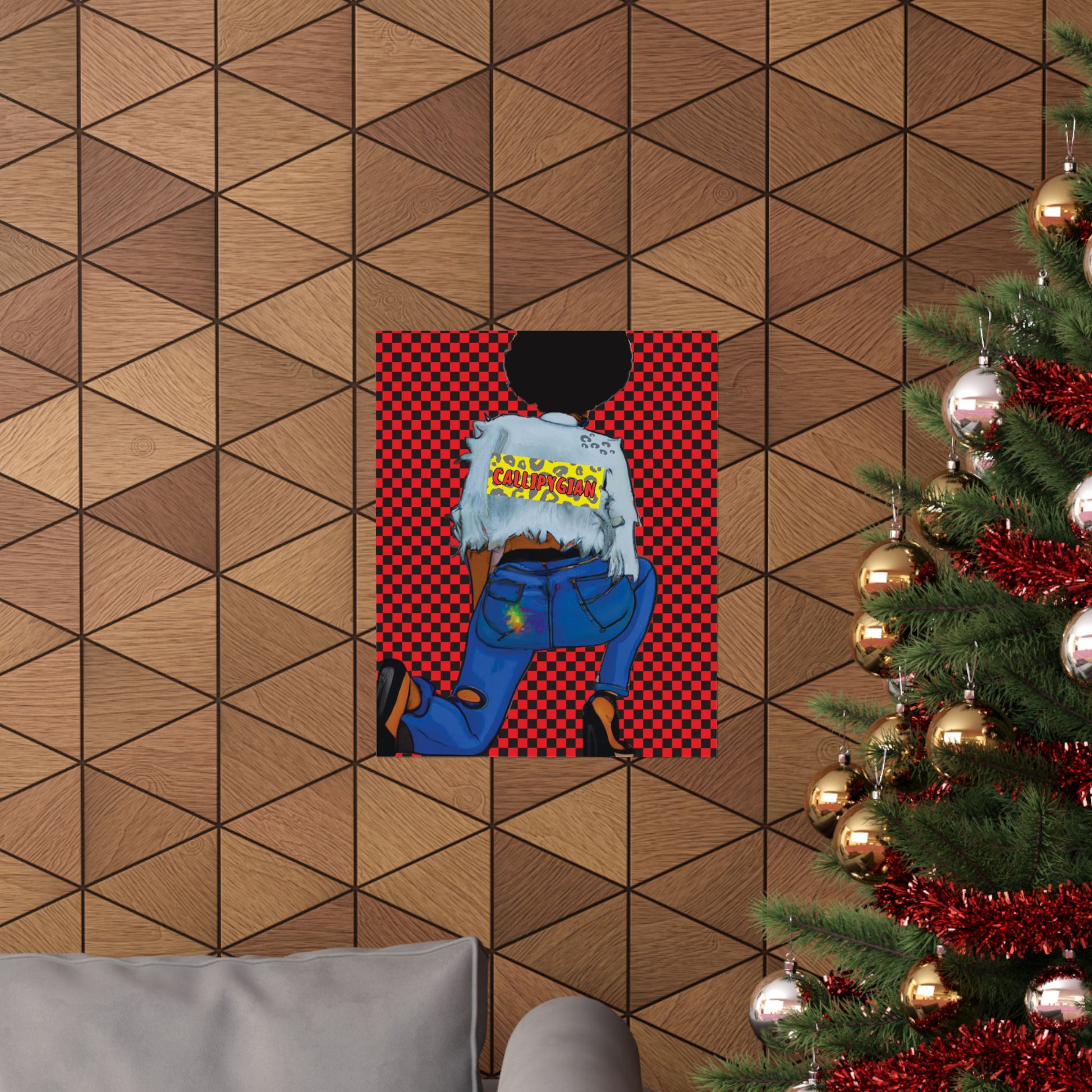 a poster of a person wearing a jacket with the word "CALIFORNIA" on it, set against a red and black checkered background. The poster is hanging on a wall, and there is a Christmas tree visible in the background.