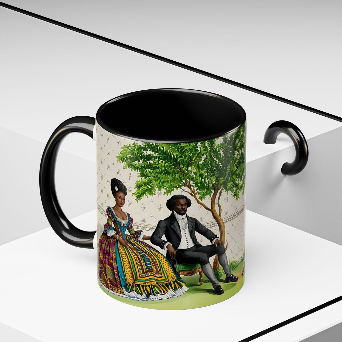 Toile Victorian African Couple Ceramic Accent Coffee Mugs (5 Colors), 11oz, 15oz