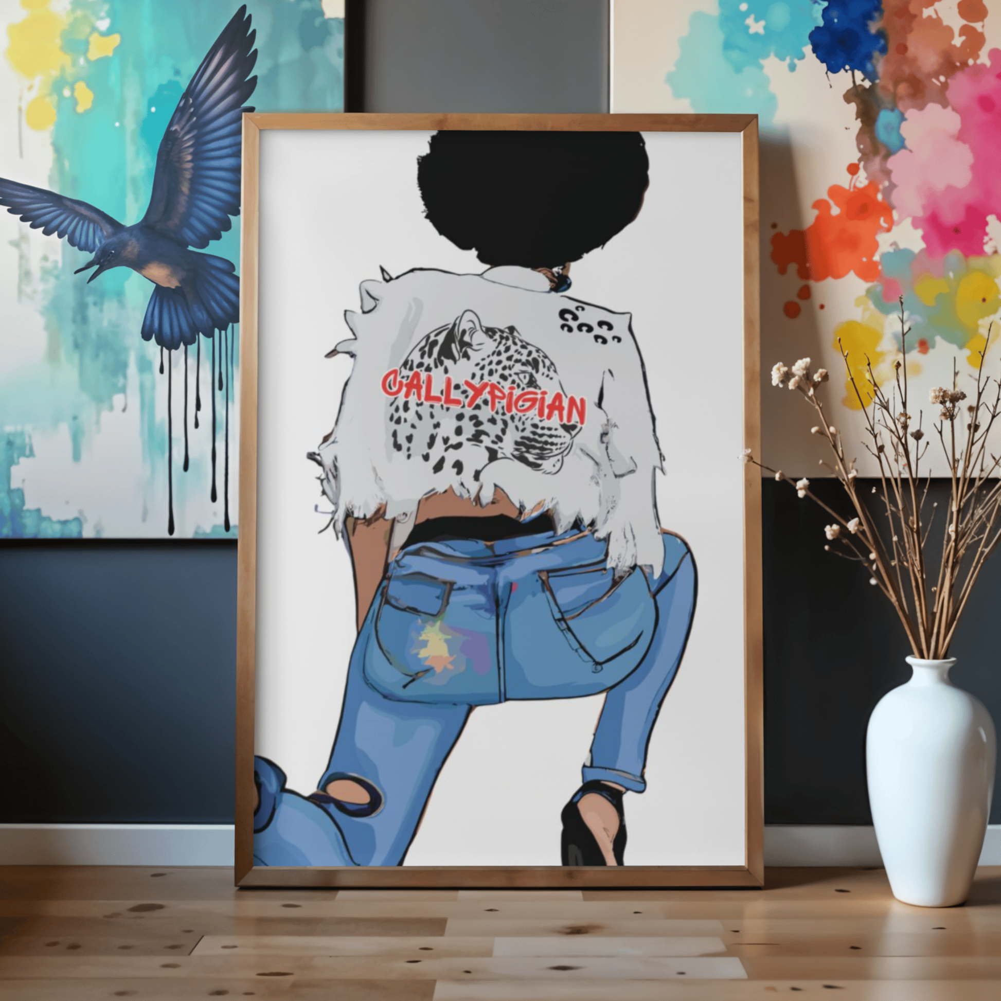 a framed illustration of a person wearing blue jeans and a leopard print top, with the text "ALL-AMERICAN" written on the back of the top.